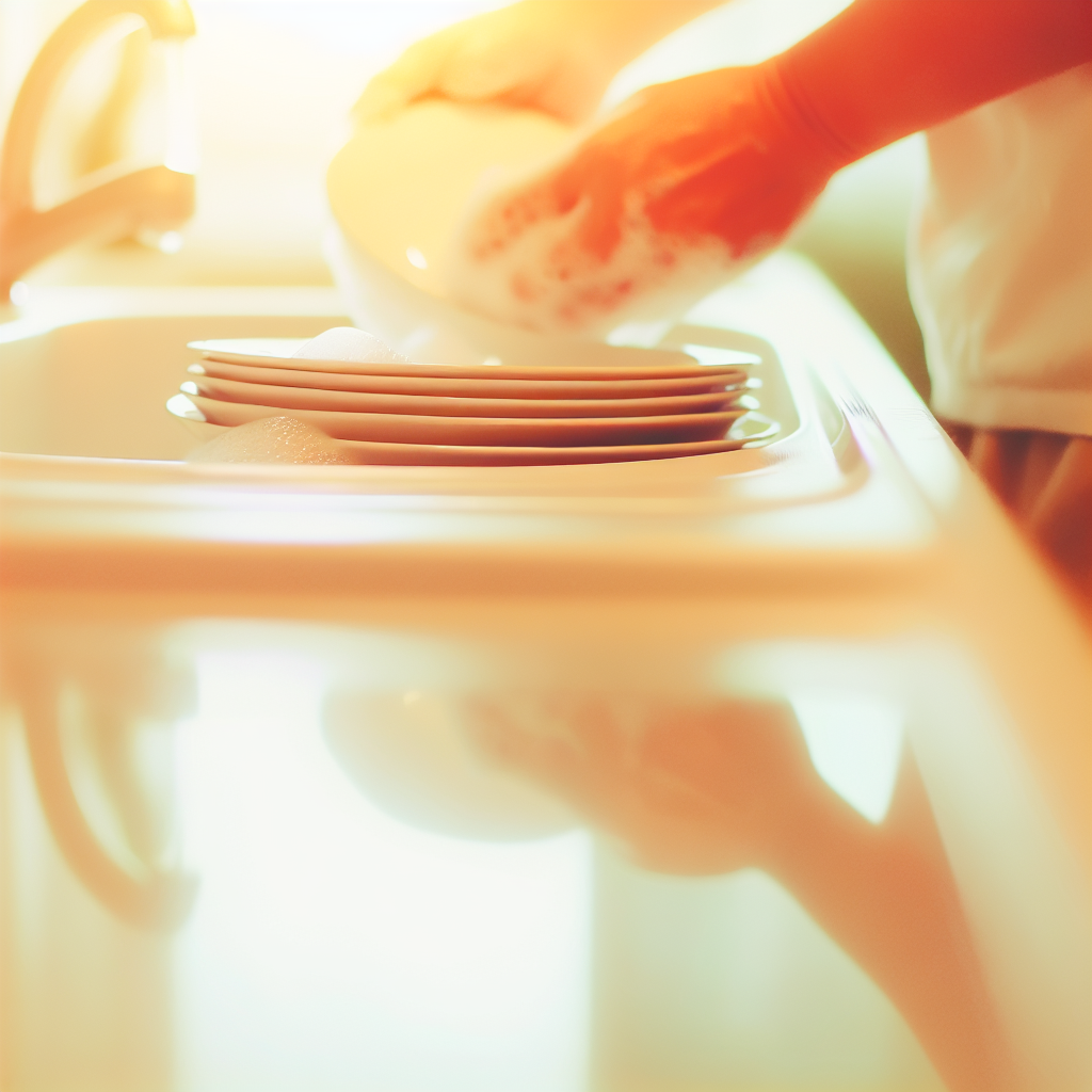 Person washing dishes with gentle soap bubbles in a clean white sink