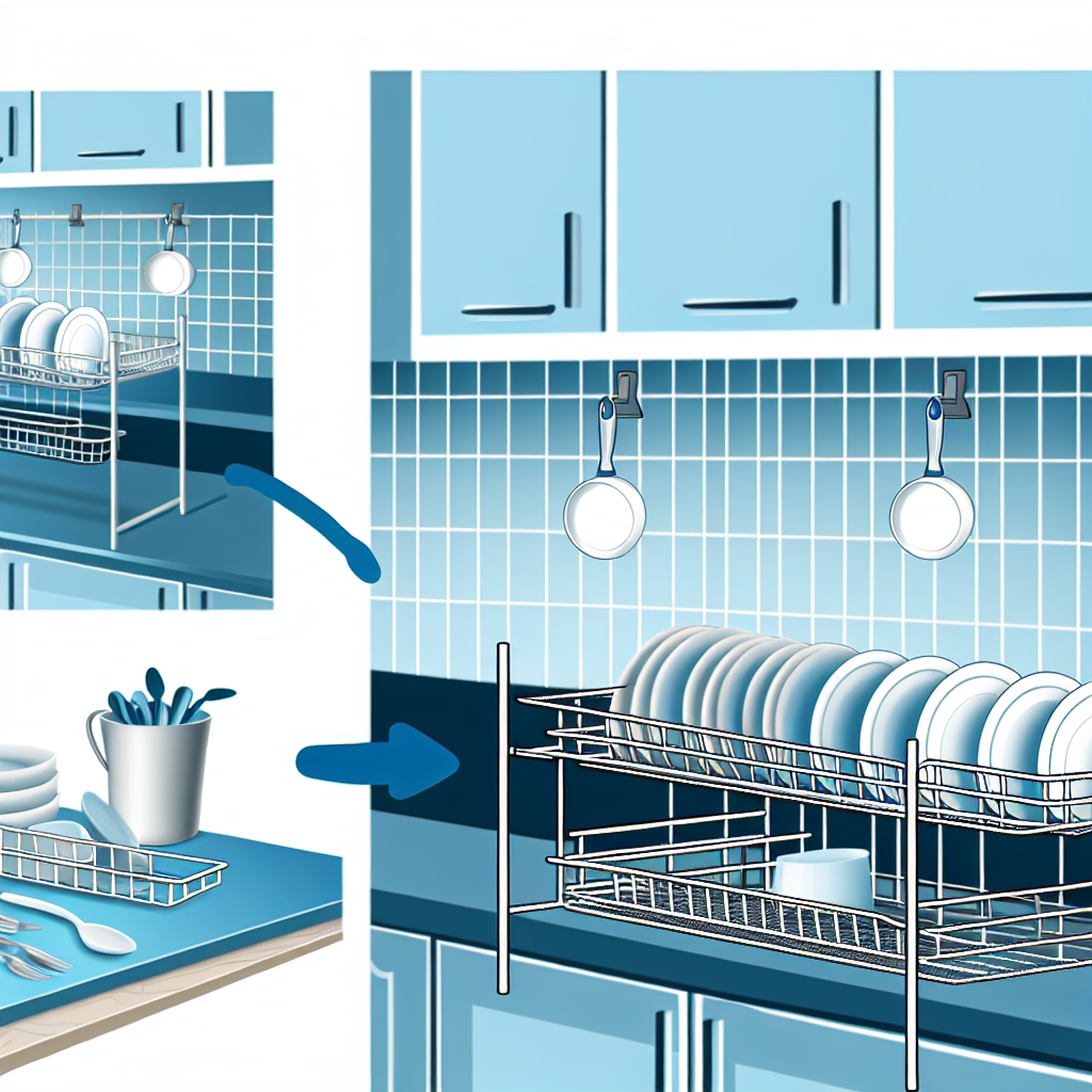 Step by step dishwashing process with organized dishes on drying rack