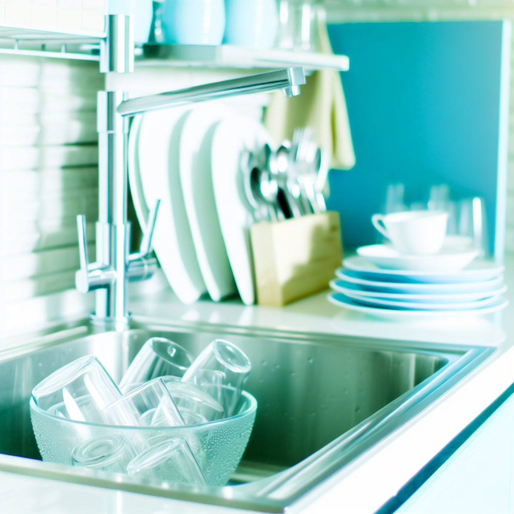 Clean modern kitchen sink with sparkling dishes and fresh atmosphere